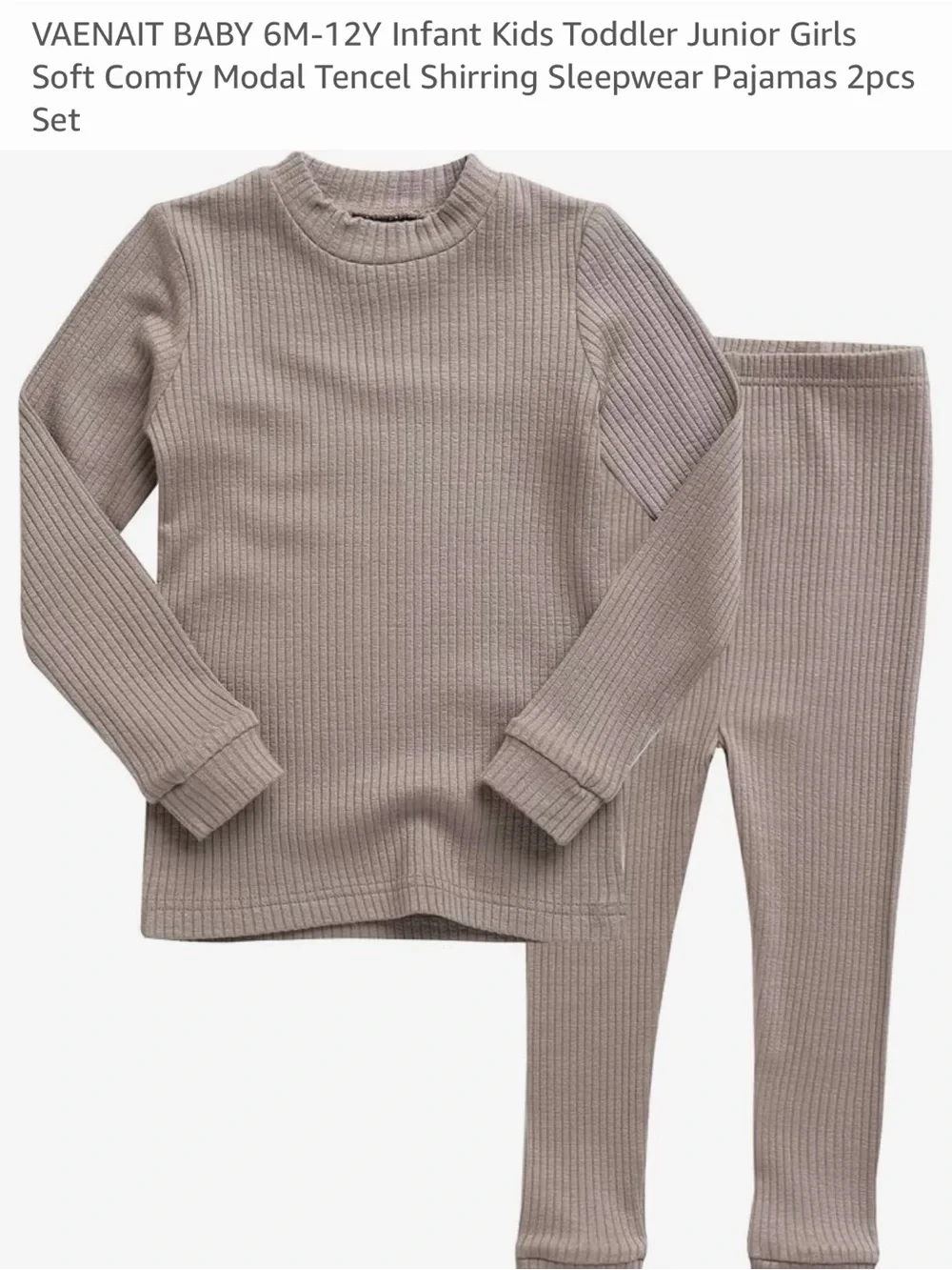 Kids Long Sleeve Ribbed Pajama Set - Taupe